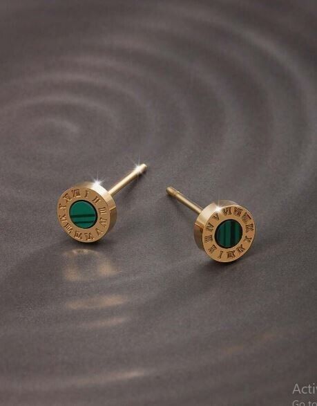 Classic 14K Gold Plated Green Roman Numerals Round Men & Women Stud Earrings
